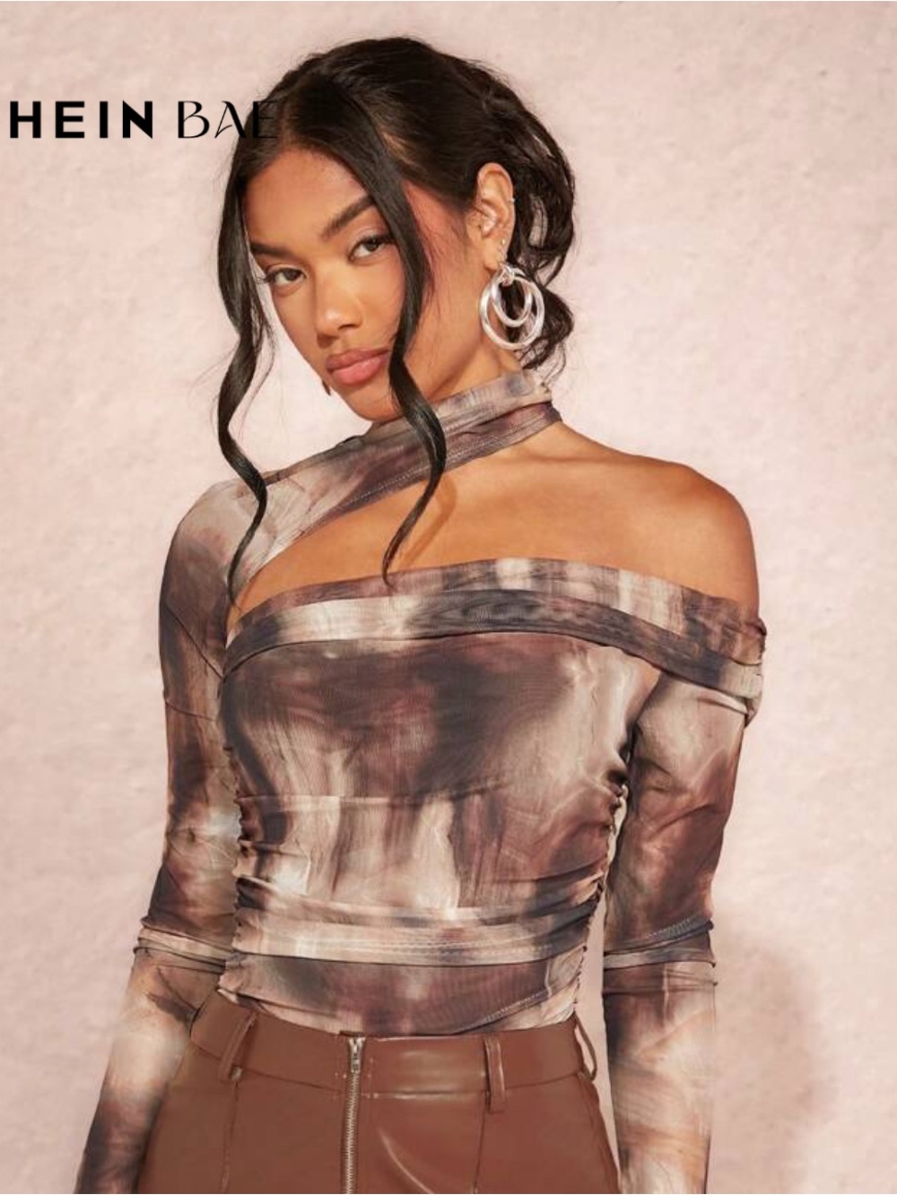 SHEIN Brown Tie-Dye One-Shoulder Long Sleeve Bodysuit